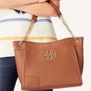 Tory Burch Britton Cognac Leather Tote with Gold Chain Straps